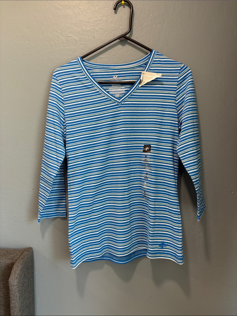 Striped V-Neck Long Sleeve Tee in Blue and White